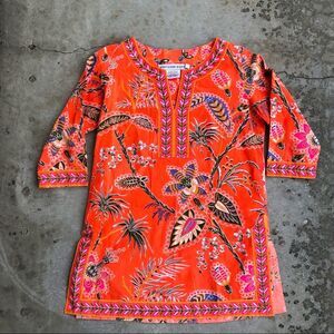 Gretchen Scott split neck tunic top coral print orange cotton XS